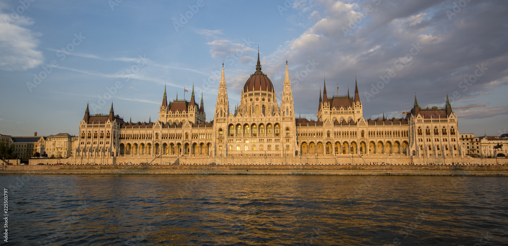 The Hungarian Parliament is at sunset on the banks of the Danube. Budapest. One of the most beautiful buildings in the Hungarian capital