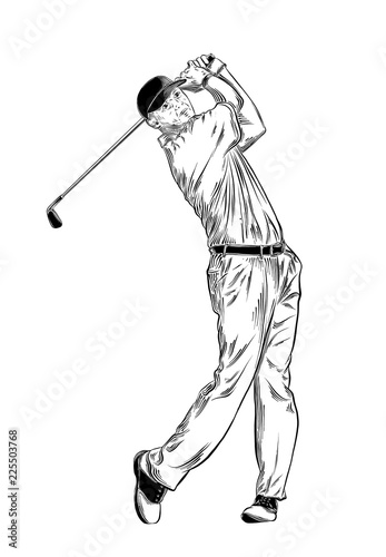 Hand drawn sketch of golfer in black isolated on white background. Detailed vintage style drawing. Vector illustration