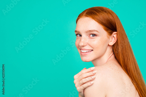 Profile side view of nude natural red-haired girl, shiny pure cl