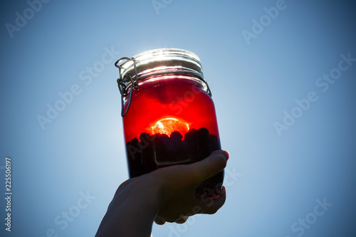 Sloe berries and gin combined in a glass jar prior to being put down to infuse and form sloe gin