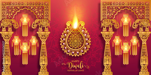 Happy Diwali festival card with gold diya patterned and crystals on paper color Background.