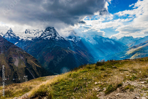 Aerial view from the drone. Summer mountain landscapes of Karachay Cherkessia, Dombay, Western Caucasus.