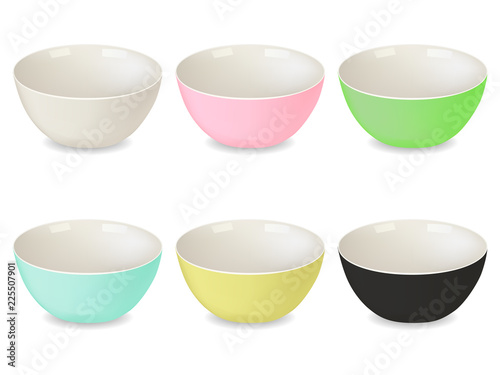 Collection of porcelain plates of different colors. White, green, pink, yellow, blue, black. A set of isolated objects. Realistic style. Vector illustration.