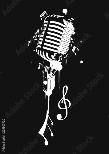 Vintage microphone with notes. Vector illustration.