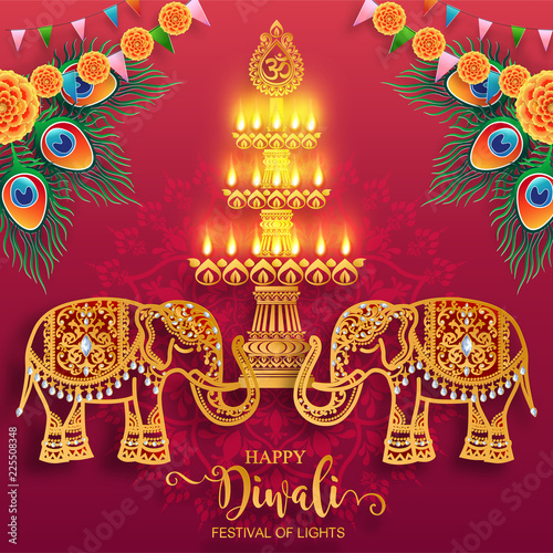 Happy Diwali festival card with gold diya patterned and crystals on paper color Background.