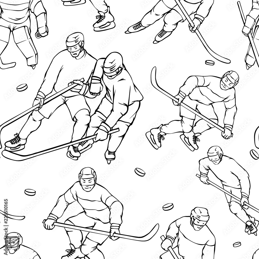 Fototapeta premium Vector pattern hockey player goalkeeper in sports uniform. Black white outline seamless background. Vintage sportsmans motion with hockey stick and puck in different race.