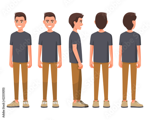 Vector illustration of smiling men in casual clothes under the white background. Cartoon realistic people set. Flat young man. Front view man, Side view man, Back side view man, Isometric view.