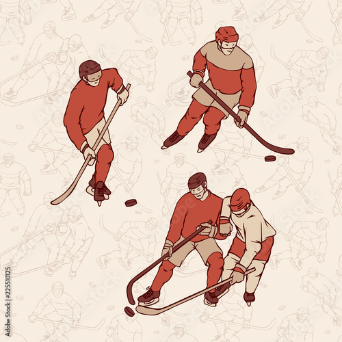 Retro set hockey player and seamless pattern background. Vintage sportsmans motion with hockey stick and puck in different race. Vector outline illustration imitation print