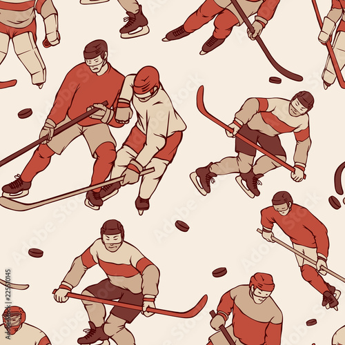 Retro hockey player goalkeeper in sports uniform seamless background. Vintage pattern sportsmans motion with hockey stick and puck different race. Vector outline illustration.