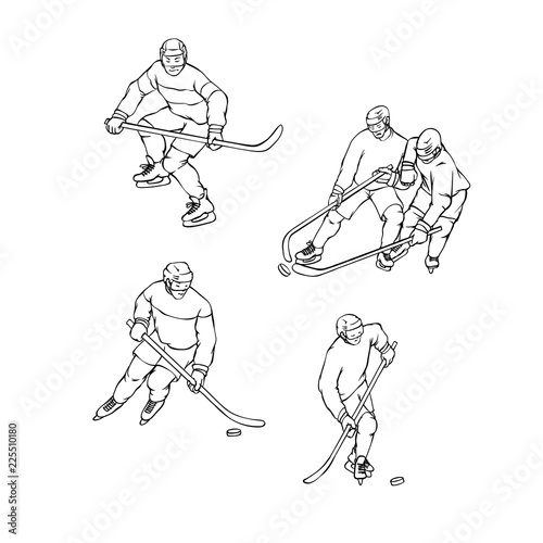 Vector set hockey player in sports uniform black white outline illustration. Vintage sportsmans motion with hockey stick and puck in different race.