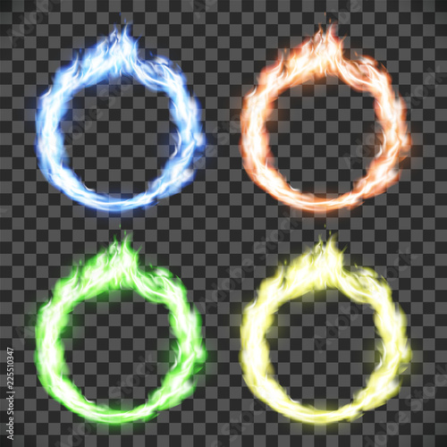 Ring on fire. Set of circle flame patterns isolated on transparent background.