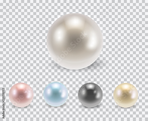 Vector set of beautiful colorful shiny pearls with shadows isolated on transparent background