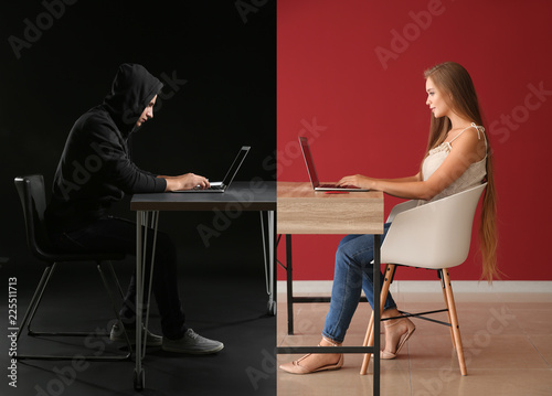 Young woman having online date with fake boyfriend. Concept of internet fraud photo