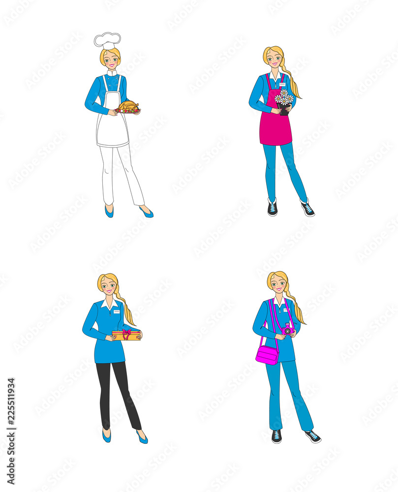 Set of 4 images of a girl in different professional form: a cook,a florist,a salesman, a photojournalist.