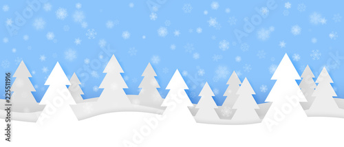 Simple seamless paper cut winter vector landscape with snowflakes, layered hills and trees on blue background.