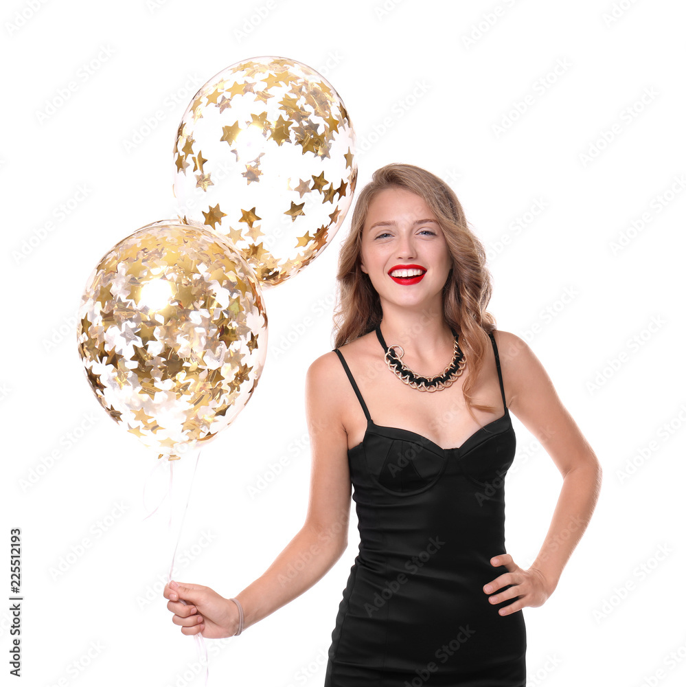Naklejka premium Beautiful young woman with balloons on white background