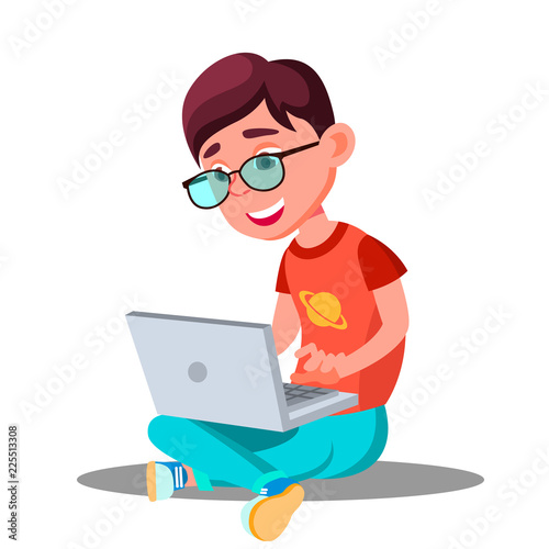 Little Boy Doing Homework At Home With Computer Vector. Isolated Illustration