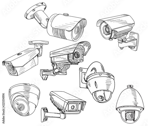on white background, sketch of CCTV camera, set