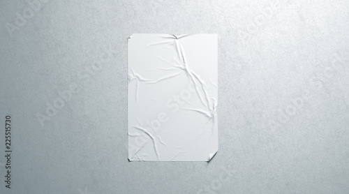 Blank white wheatpaste adhesive poster mockup on textured wall, 3d rendering. Empty street art sticker mock up. Clear urban canvas for affiche or propaganda. Creased advertising glued placard.