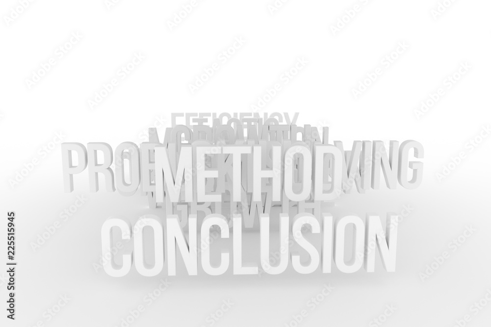 Method & conclusion, business conceptual gray or black & white B&W 3D words. Creativity, illustration, positive & rendering.