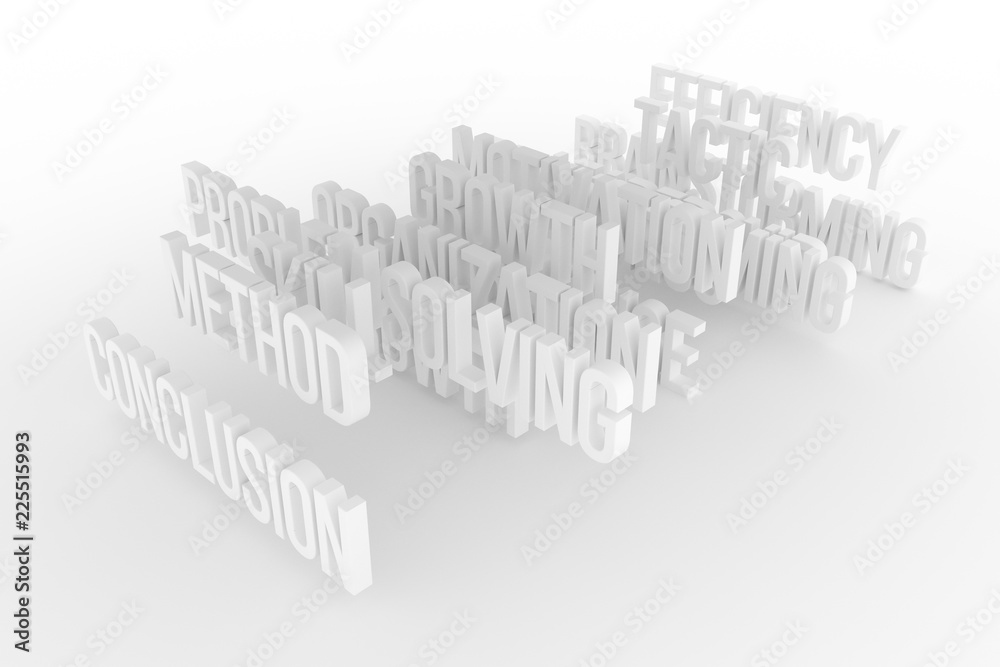 Method & conclusion, business conceptual gray or black & white B&W 3D words. Illustration, graphic, cgi & title.