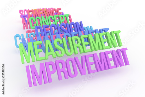 Measurement & improvement, business conceptual colorful 3D words. Backdrop, positive, illustration & cgi.