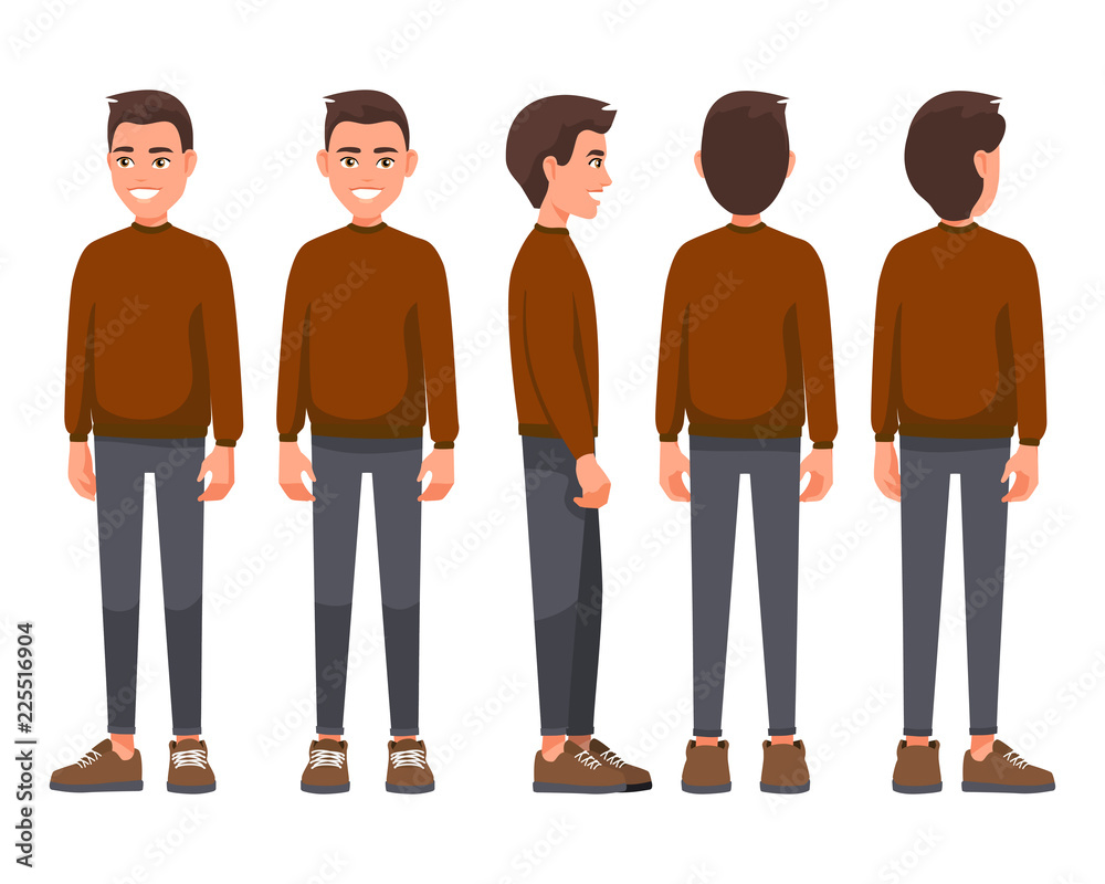 Vector illustration of smiling men in casual clothes. Cartoon realistic