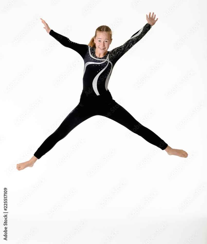 Young teen girl gymnastic on white background