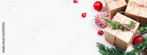 Christmas gift boxes collection with evergreen branches, candy cane Christmas...