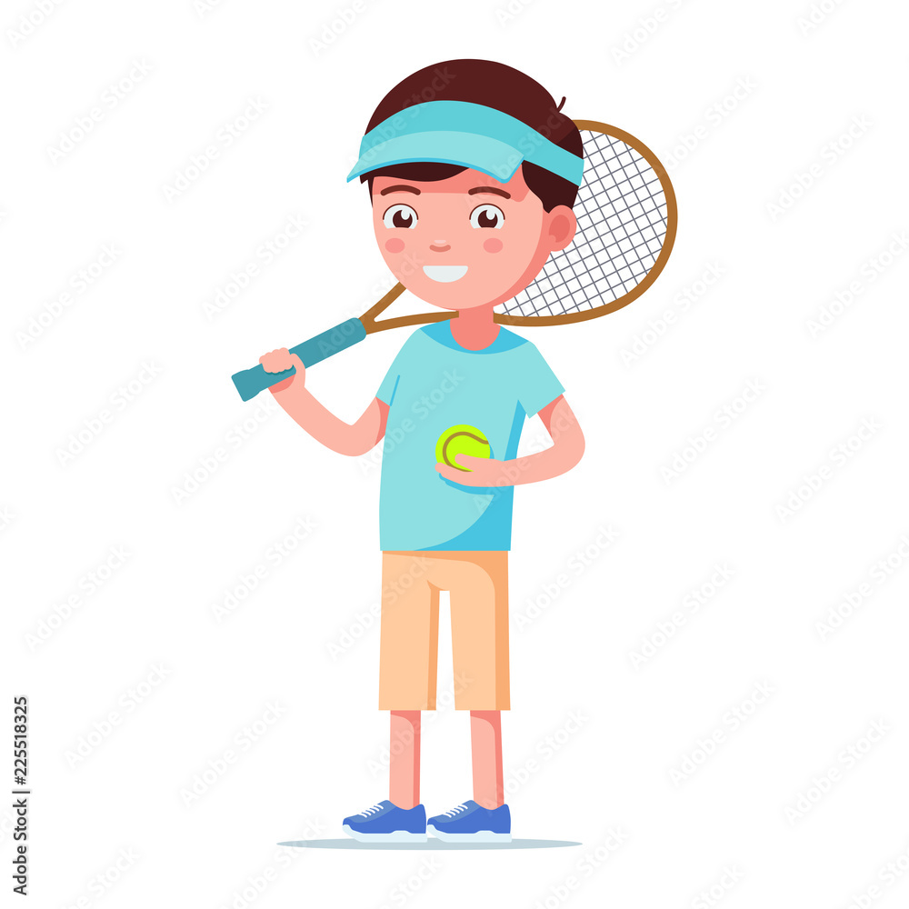Cartoon boy standing with a tennis ball and racket Cartoon boy standing with a tennis ball and racket