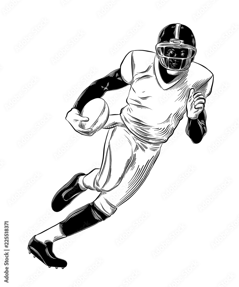 Hand drawn sketch of rugby player in black isolated on white background. Detailed vintage style drawing. Vector illustration