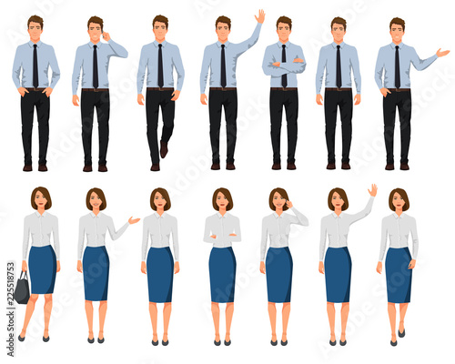 Vector illustration of men and women in official clothes. Cartoon realistic people set.Presentation pose.Worker with hand up. People with phone in one hand. Walking people.
