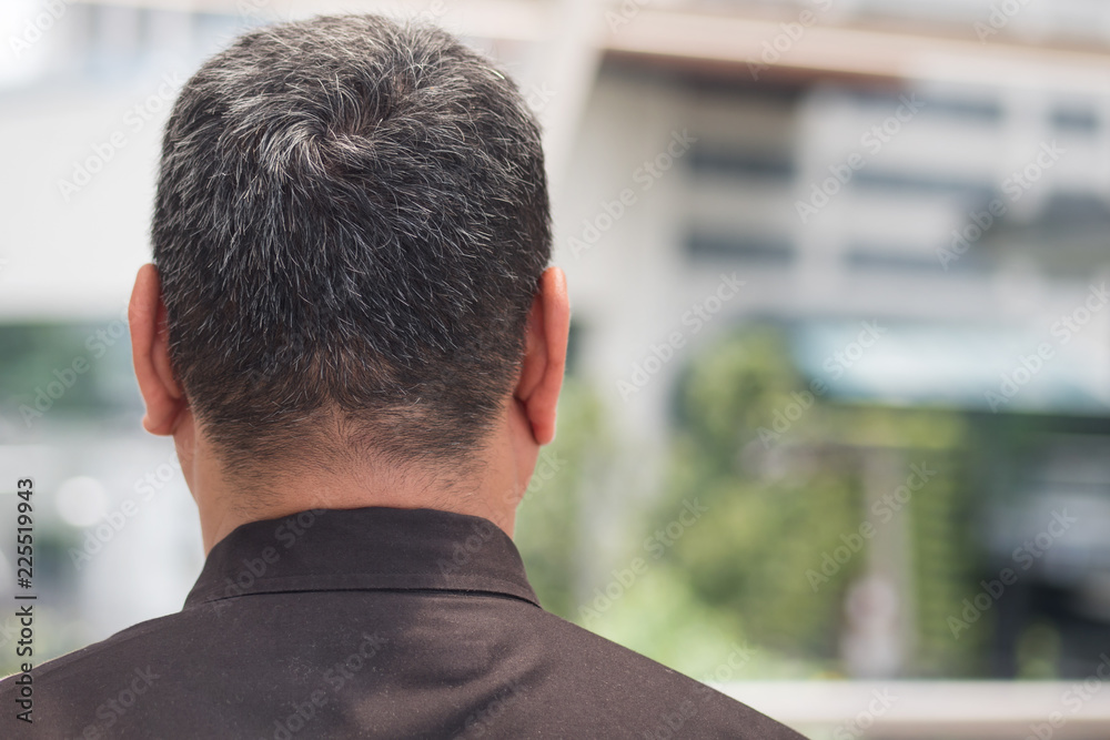 old asian senior man back head with grey hair; back, rear side head portrait of unhappy, aging, old asian senior man with gray hair, white hair or hair loss problem; asian old senior man model old asian senior man back head with grey hair; back, rear side head portrait of unhappy, aging, old asian senior man with gray hair, white hair or hair loss problem; asian old senior man model