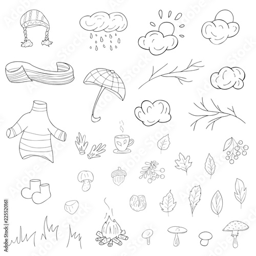 Autumn set of 35 elements: leafs, clouds, nuts, mushrooms, , berries, umbrella, scarf, hat, rubber boots, fall season, line art, cartoon style, black outline drawn, collection of vector objects