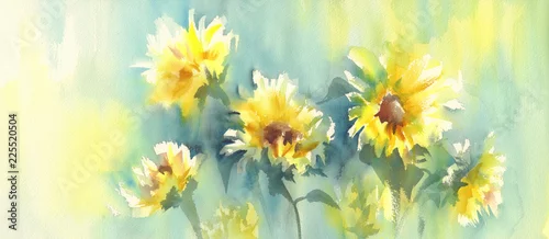 Panel kuchenny z motywem Sunny sunflowers on the yellow and green background watercolor