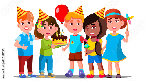Boys And Girls Celebrate Birthday Of Child Vector. Isolated Illustration