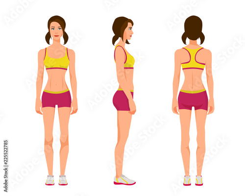 Vector illustration of three sport gir with two tails in sportswear under the white background.Cartoon realistic people illustration.Flat young woman.Front view girl,Side view girl,Back side view girl