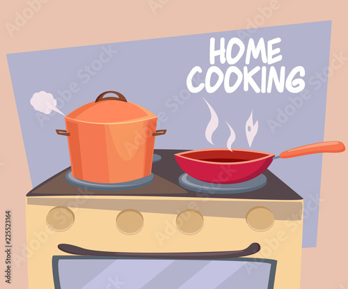 Pans on the stove, cooking