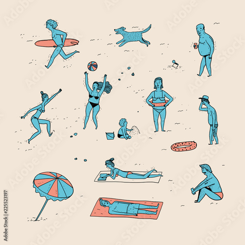 Collection of hand drawn people on the beach.  Vector illustrations in sketch doodle style.