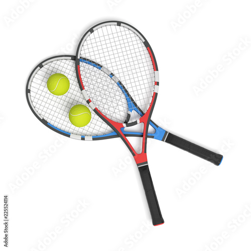 3d rendering of two tennis racquets of different colors with balls over them. © gearstd