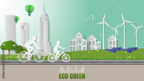 Paper folding art origami style vector illustration. Green sustainable energy ecology development, environment friendly concept. Father and son spinning bicycles in a public park with city background
