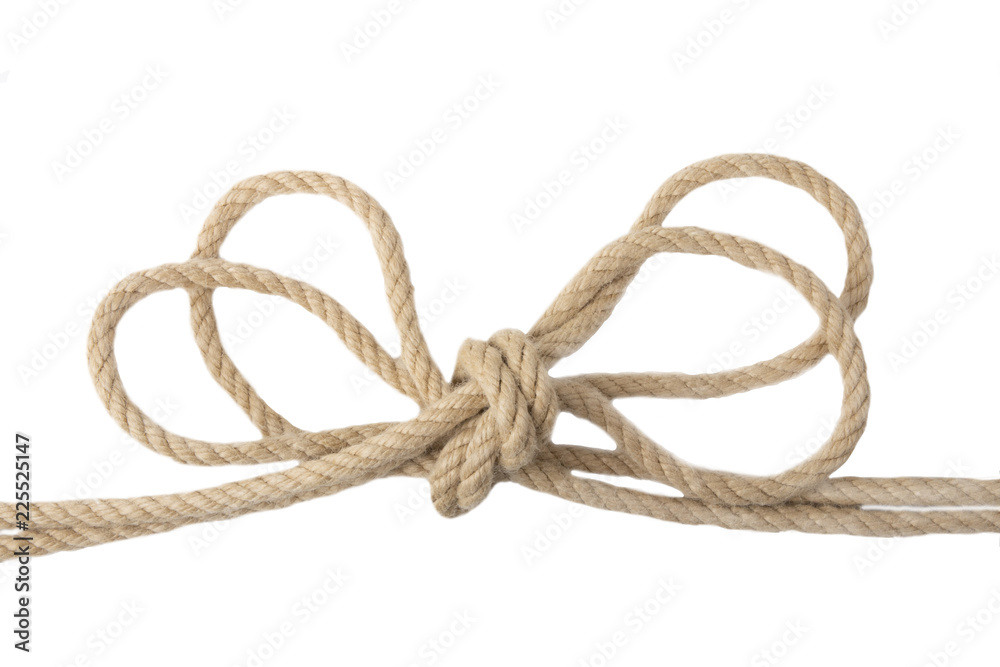 Close-up of node or knot from two ropes isolated on a white background. Navy and angler knot.