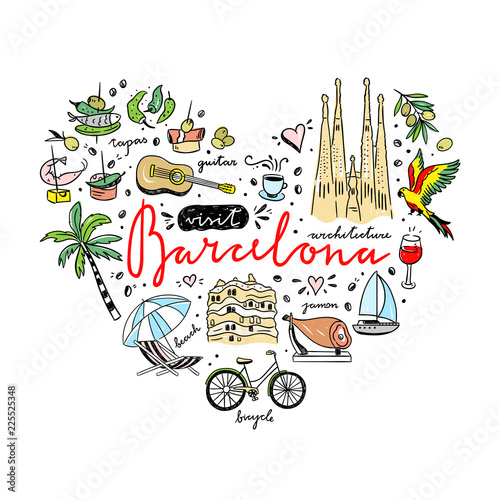 Barcelona cute illustrations in heart shape. Spain and Catalonia hand drawn travel objects