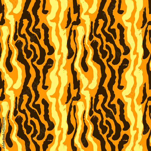 Vector illustration tiger print seamless pattern. Orange and yellow hand drawn background.