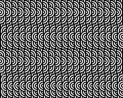 Seamless pattern with circles and striped black white straight lines. Optical illusion effect. Geometric tile in op art style. Vector illusive background for cloth, textile, print, web.