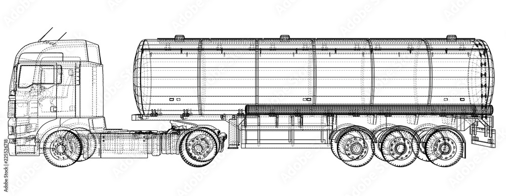 Gasoline tanker, Oil trailer, truck on highway. Very fast driving. Created illustration of 3d. Wire-frame.