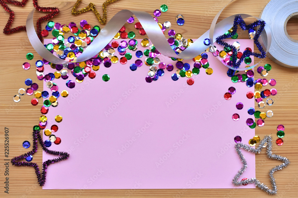 Fototapeta premium Festive background, sparkles and silver ribbon, copy space.