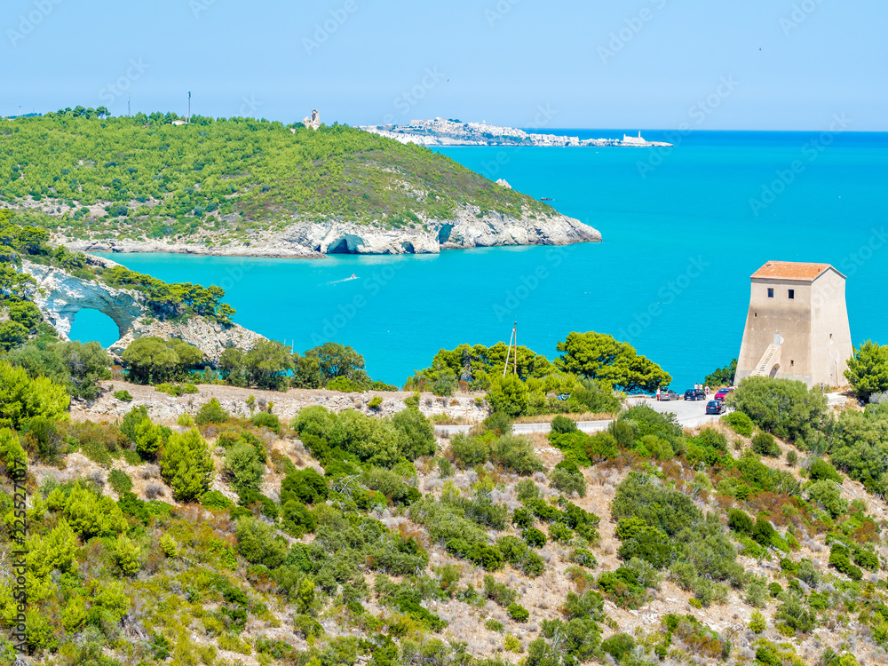 Apulia, Italy: View of the Arco di San Felice, caves and beach, south of Vieste