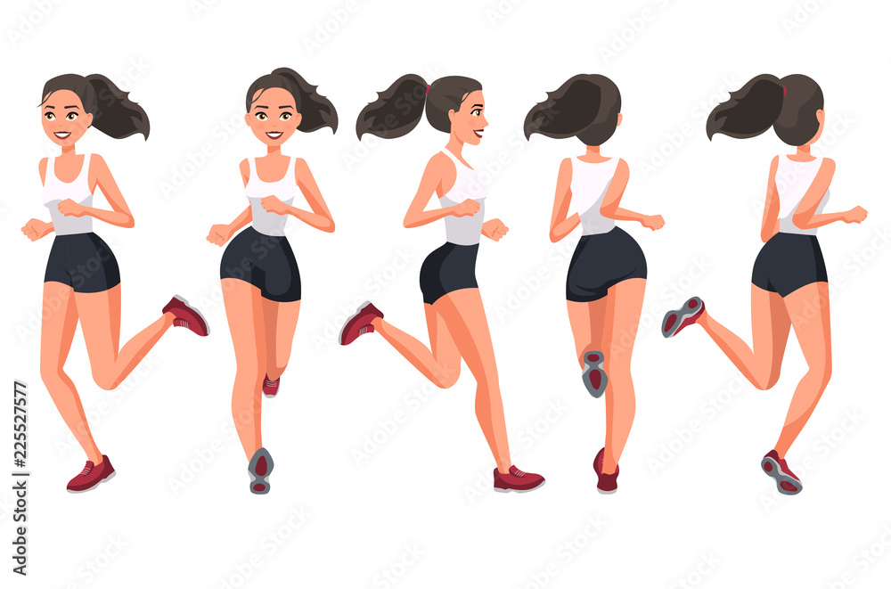 Vector illustration of running young woman in casual clothes .Cartoon  realistic people  young , side and back views.  Isometric views. Sportive woman. Sport, training, run. Stock Vector | Adobe  Stock