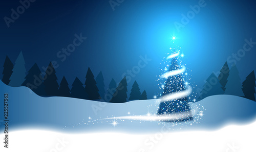 Christmas tree, blizzard, stars, snow,  sky, night, wood, blue background for New Year project. Winter background © assistant